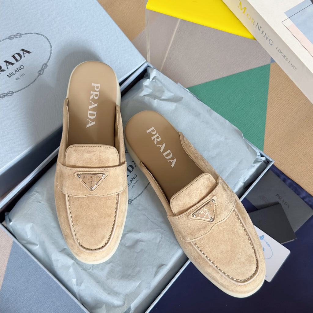 PRADA Pra Beige Suede Leather Mule 25mm Rubber Sole