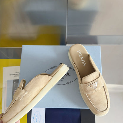PRADA Pra Beige Suede Leather Mule 25mm Rubber Sole