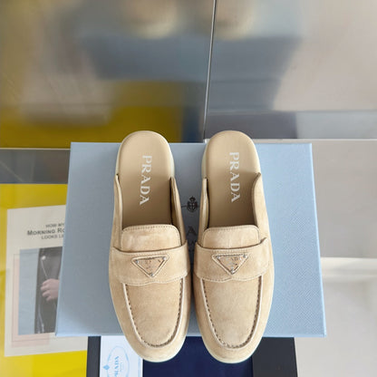 PRADA Pra Beige Suede Leather Mule 25mm Rubber Sole
