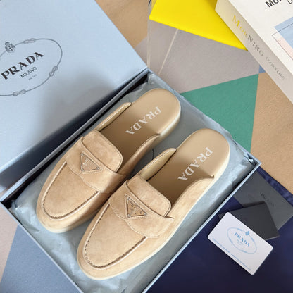 PRADA Pra Beige Suede Leather Mule 25mm Rubber Sole