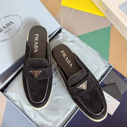 PRADA Pra Black Suede Leather Mule 25mm Rubber Sole