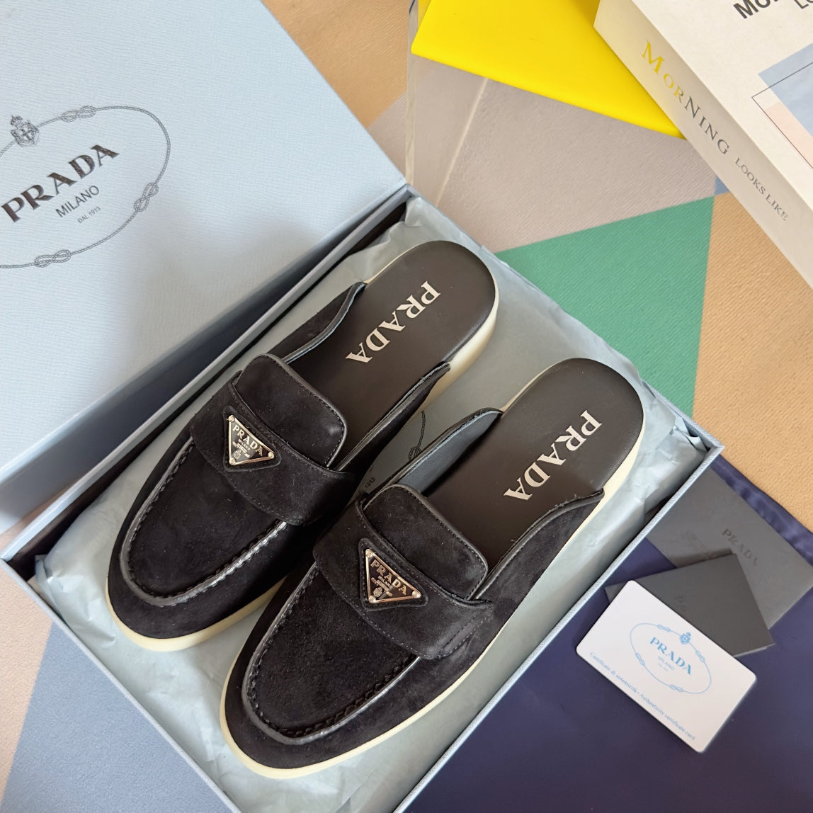 PRADA Pra Black Suede Leather Mule 25mm Rubber Sole