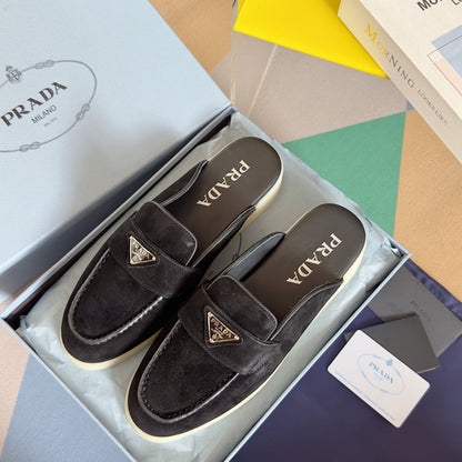 PRADA Pra Black Suede Leather Mule 25mm Rubber Sole