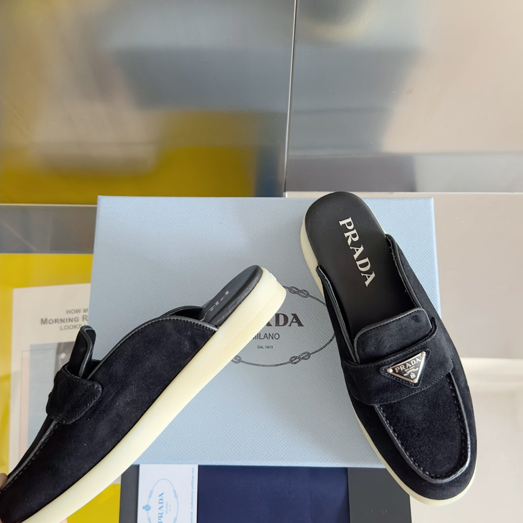 PRADA Pra Black Suede Leather Mule 25mm Rubber Sole