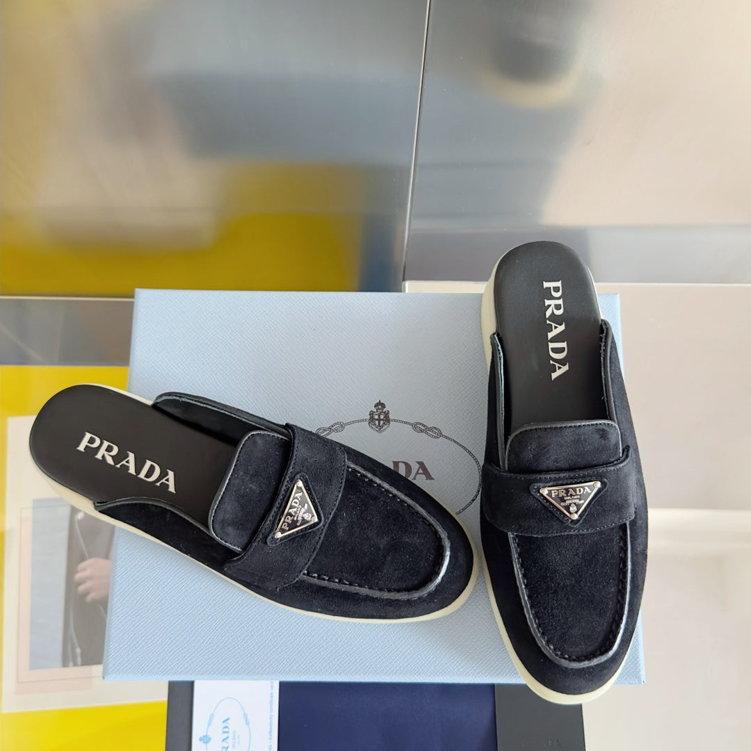 PRADA Pra Black Suede Leather Mule 25mm Rubber Sole