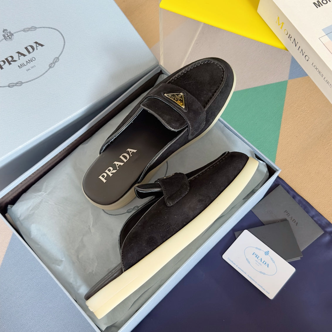 PRADA Pra Black Suede Leather Mule 25mm Rubber Sole