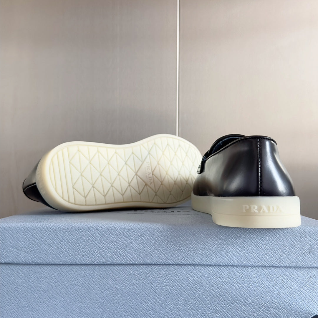 PRADA Pra Black Leather Loafers 25mm Rubber Sole