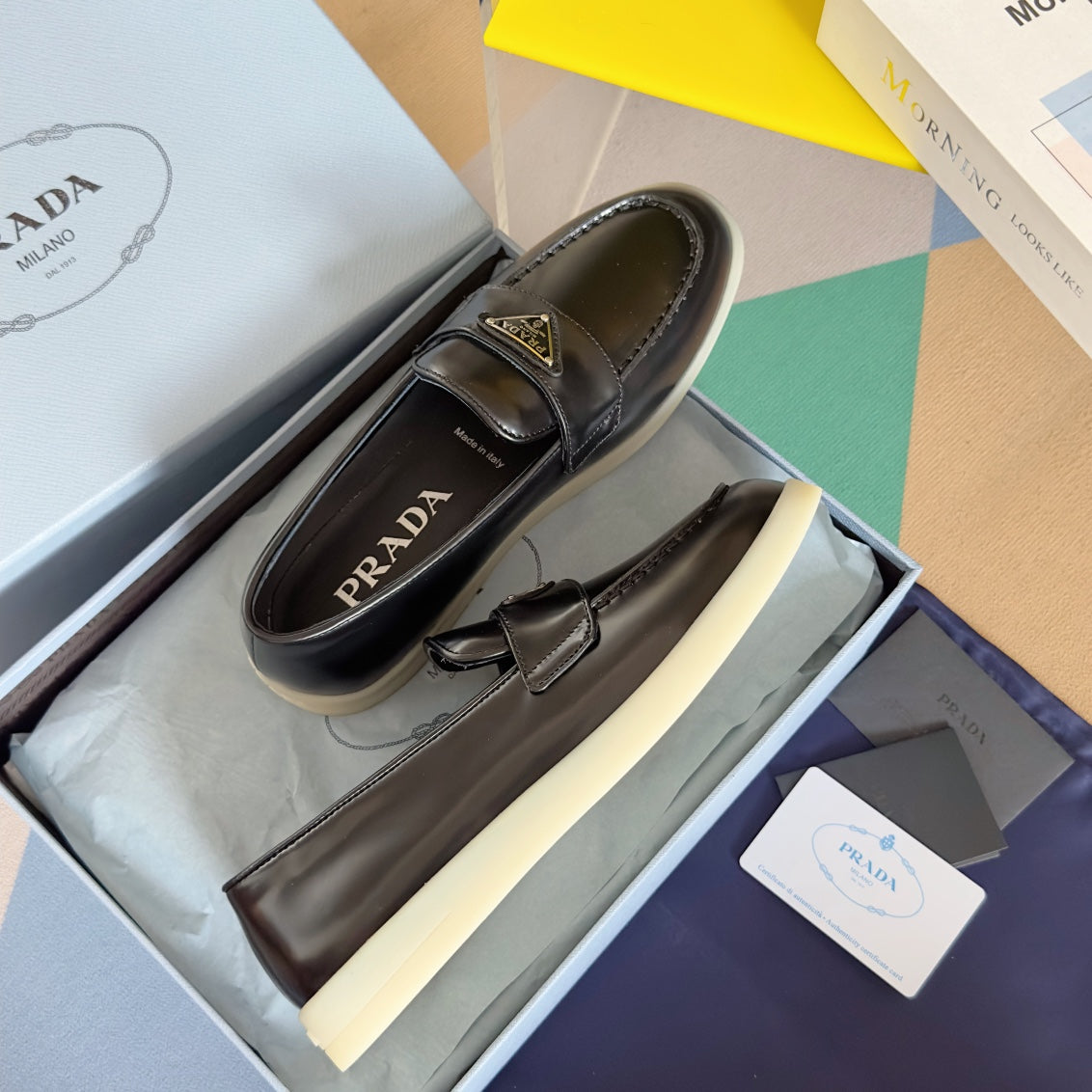 PRADA Pra Black Leather Loafers 25mm Rubber Sole