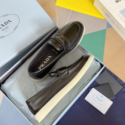 PRADA Pra Black Leather Loafers 25mm Rubber Sole