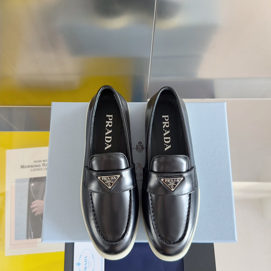PRADA Pra Black Leather Loafers 25mm Rubber Sole