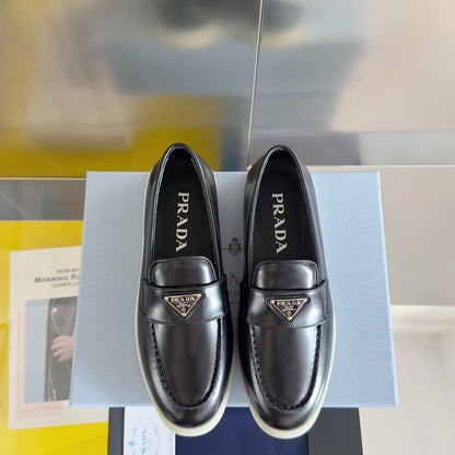 PRADA Pra Black Leather Loafers 25mm Rubber Sole