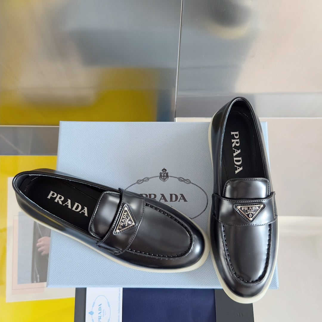 PRADA Pra Black Leather Loafers 25mm Rubber Sole