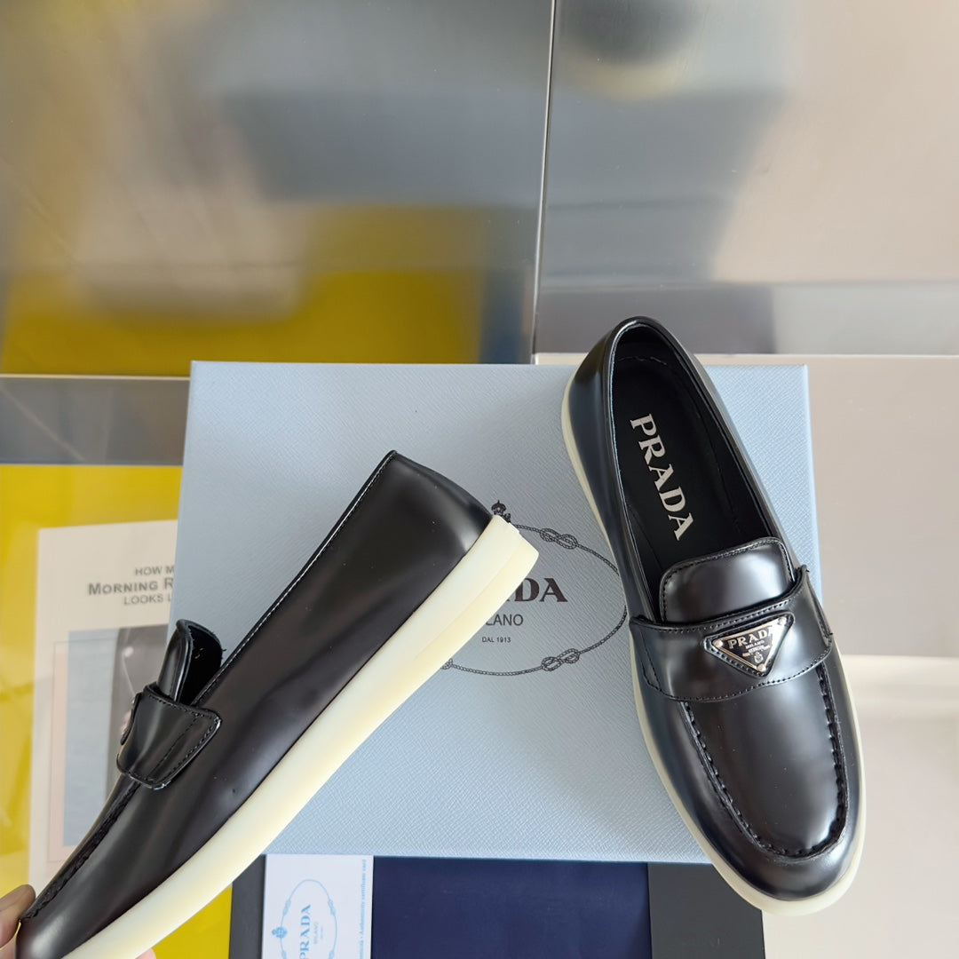 PRADA Pra Black Leather Loafers 25mm Rubber Sole