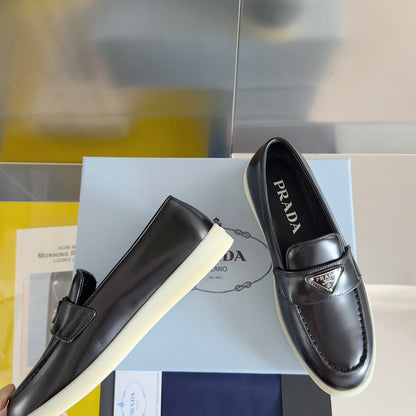 PRADA Pra Black Leather Loafers 25mm Rubber Sole