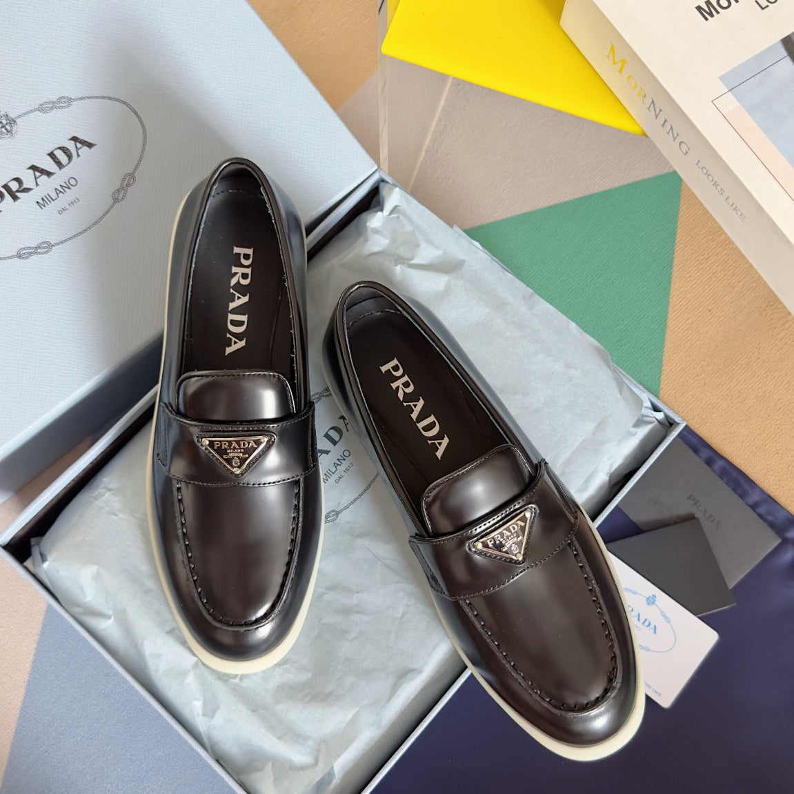 PRADA Pra Black Leather Loafers 25mm Rubber Sole