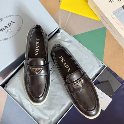 PRADA Pra Black Leather Loafers 25mm Rubber Sole