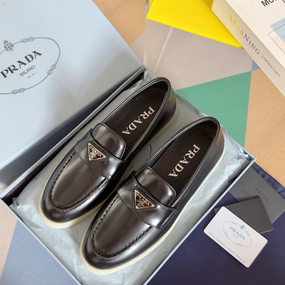 PRADA Pra Black Leather Loafers 25mm Rubber Sole
