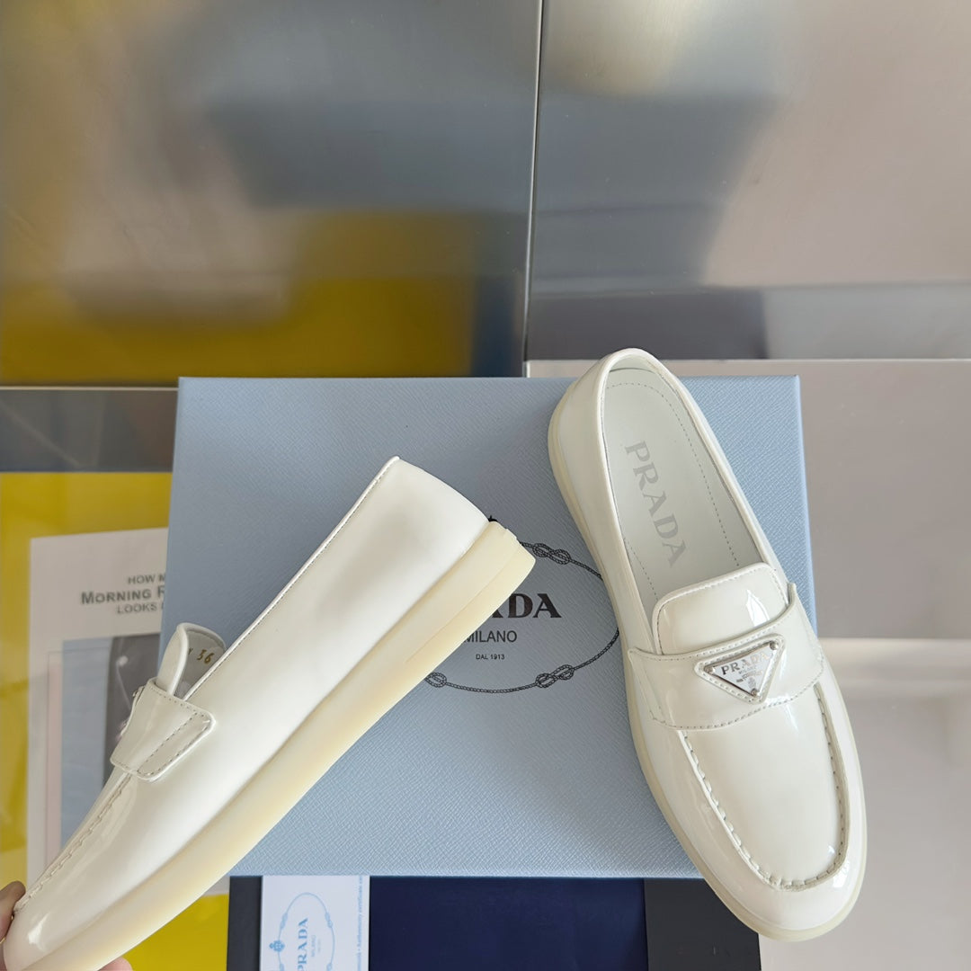 PRADA Pra White Patent Leather Loafers 25mm Rubber Sole