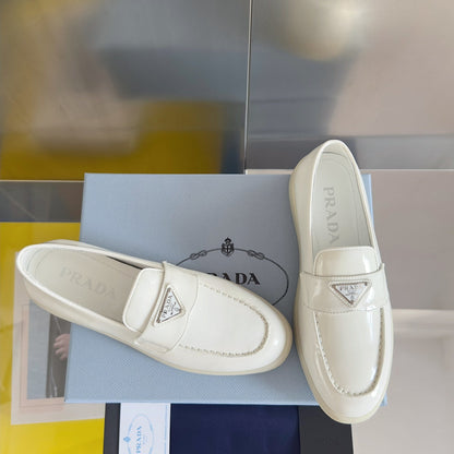 PRADA Pra White Patent Leather Loafers 25mm Rubber Sole