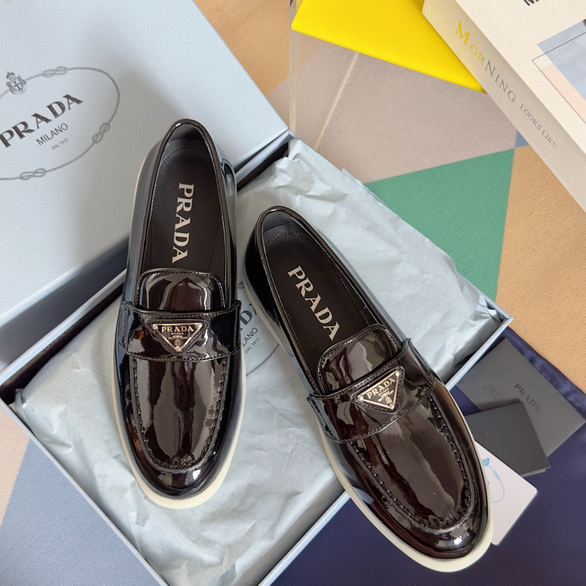PRADA Pra Black Patent Leather Loafers 25mm Rubber Sole