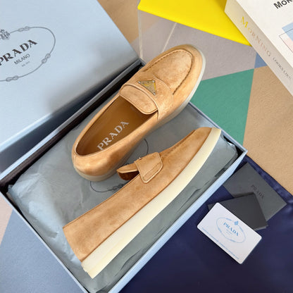 PRADA Pra Light Brown Suede Leather Loafers 25mm Rubber Sole