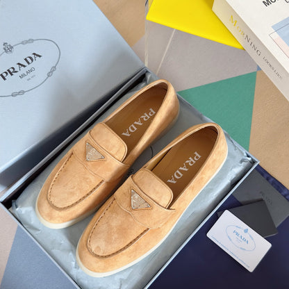 PRADA Pra Light Brown Suede Leather Loafers 25mm Rubber Sole