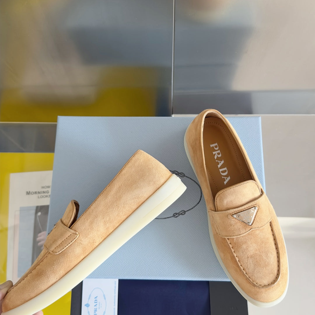 PRADA Pra Light Brown Suede Leather Loafers 25mm Rubber Sole