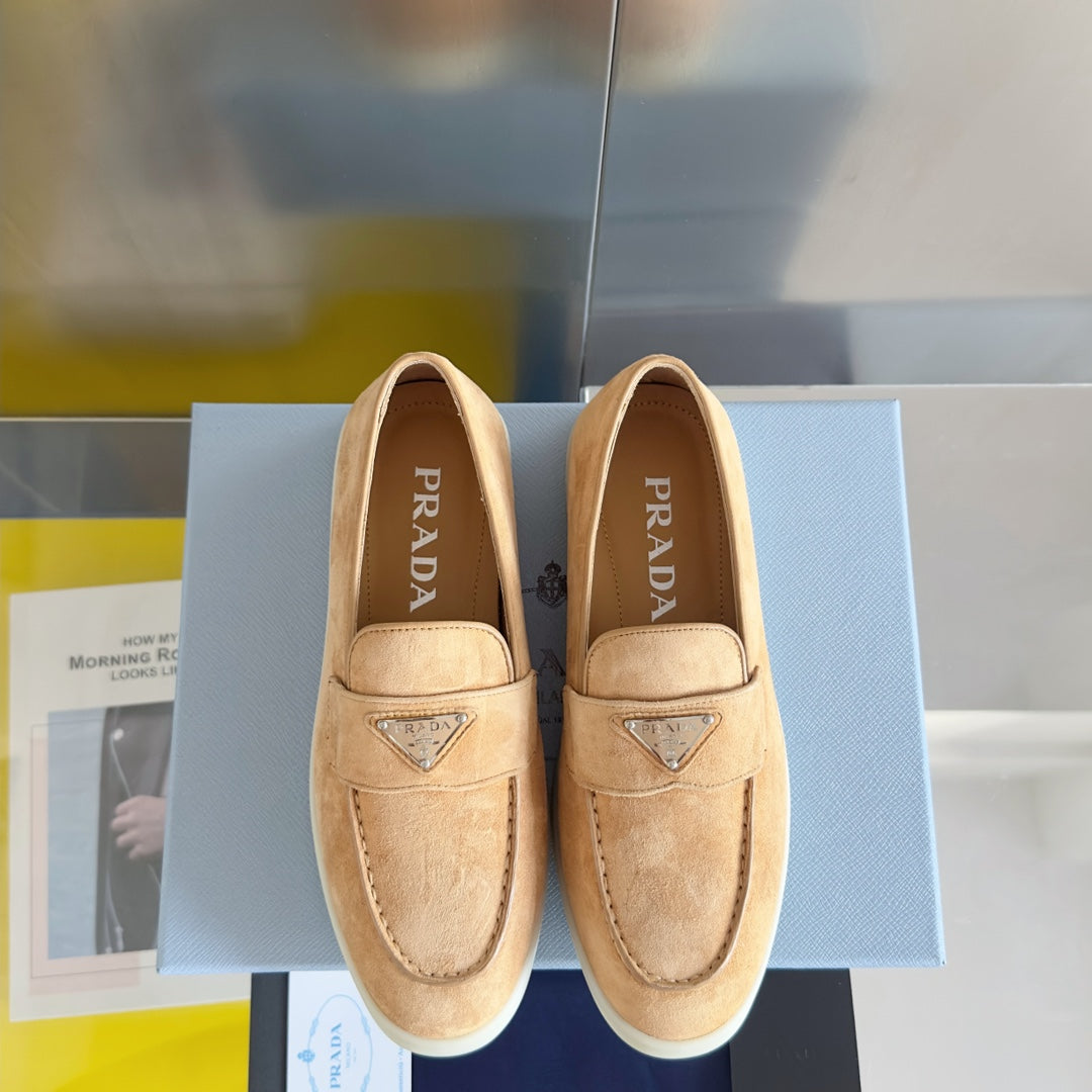 PRADA Pra Light Brown Suede Leather Loafers 25mm Rubber Sole