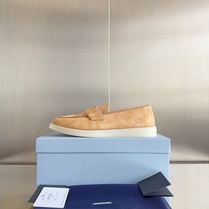 PRADA Pra Light Brown Suede Leather Loafers 25mm Rubber Sole
