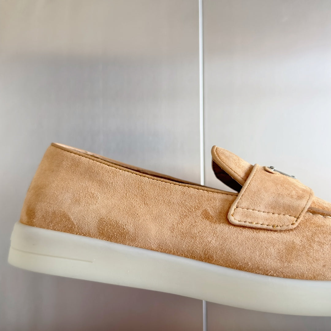 PRADA Pra Light Brown Suede Leather Loafers 25mm Rubber Sole