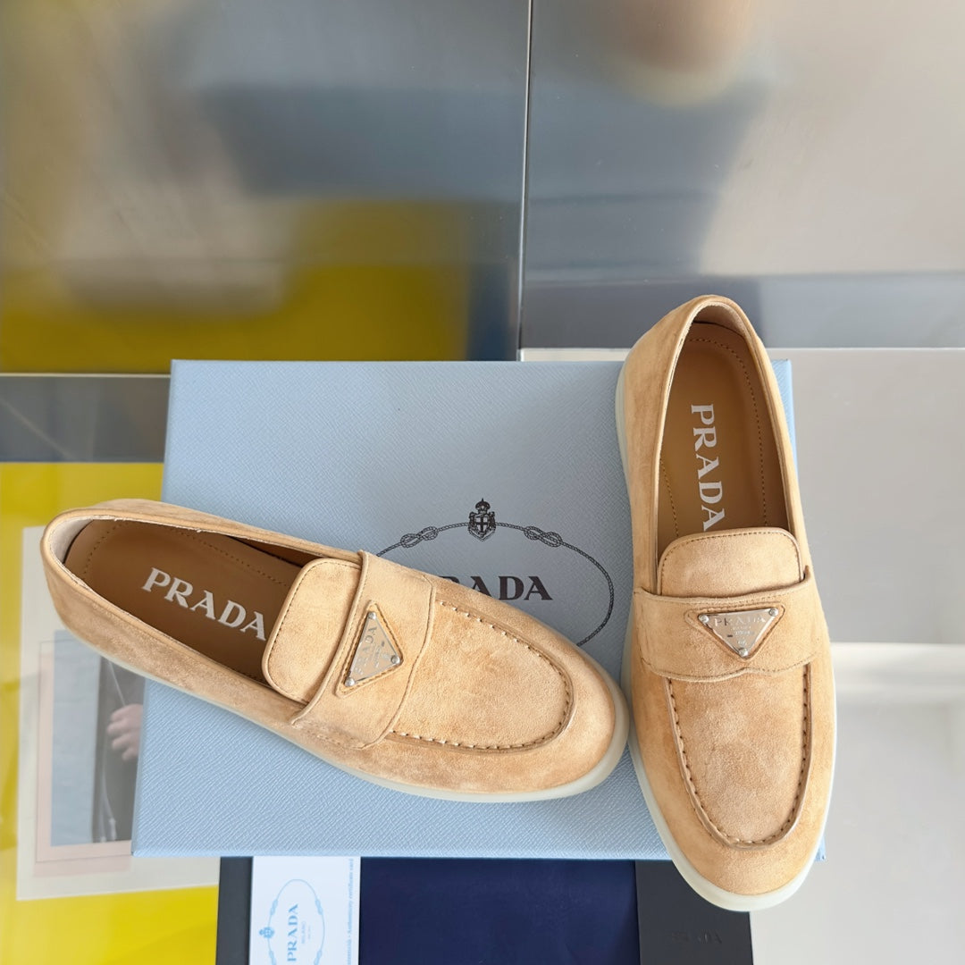 PRADA Pra Light Brown Suede Leather Loafers 25mm Rubber Sole