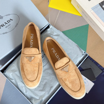 PRADA Pra Light Brown Suede Leather Loafers 25mm Rubber Sole