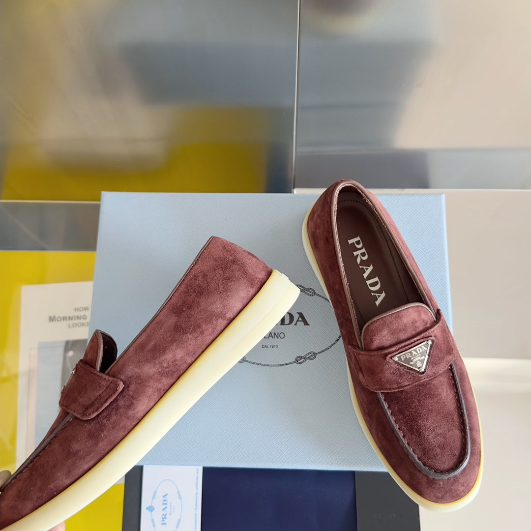PRADA Pra Wine Suede Leather Loafers 25mm Rubber Sole