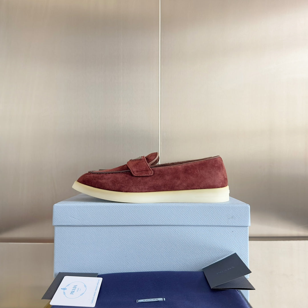 PRADA Pra Wine Suede Leather Loafers 25mm Rubber Sole