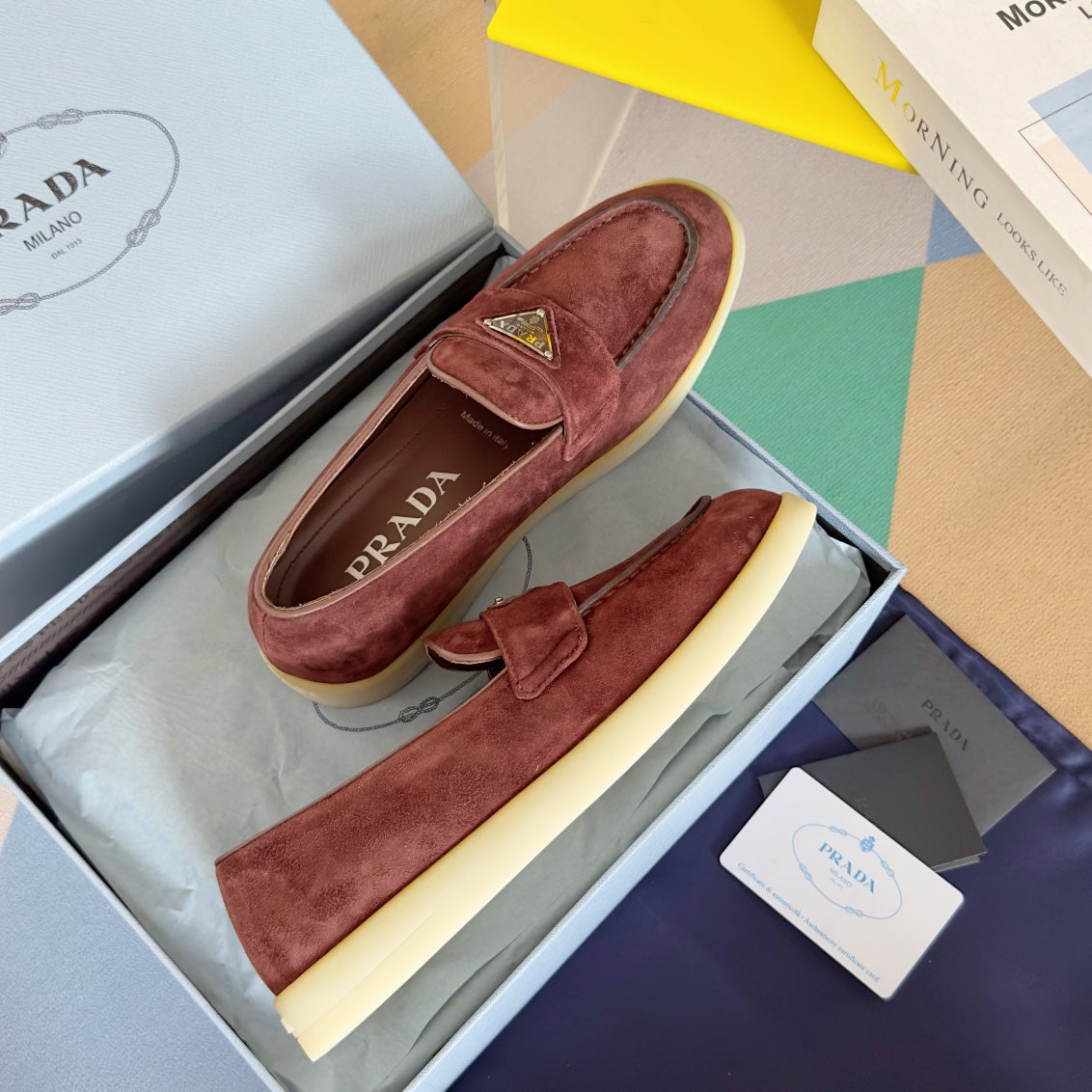 PRADA Pra Wine Suede Leather Loafers 25mm Rubber Sole