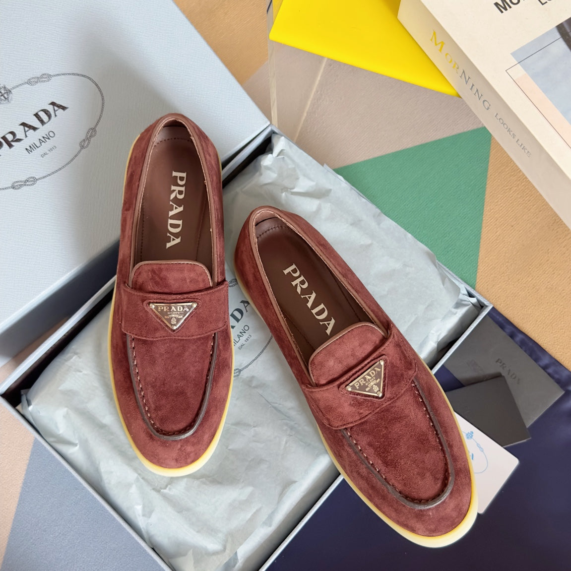 PRADA Pra Wine Suede Leather Loafers 25mm Rubber Sole