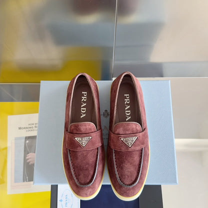PRADA Pra Wine Suede Leather Loafers 25mm Rubber Sole