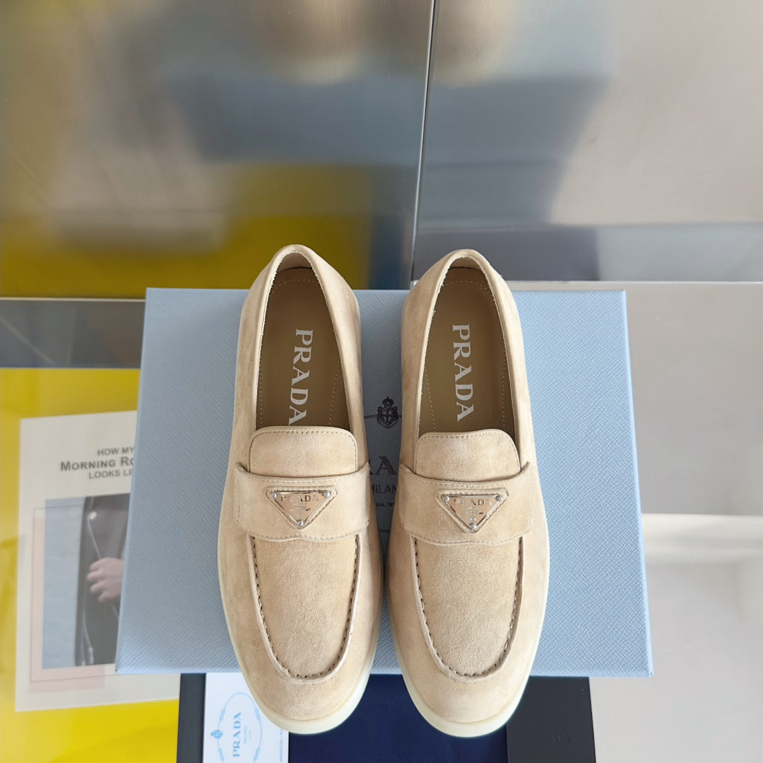 PRADA Pra Beige Suede Leather Loafers 25mm Rubber Sole