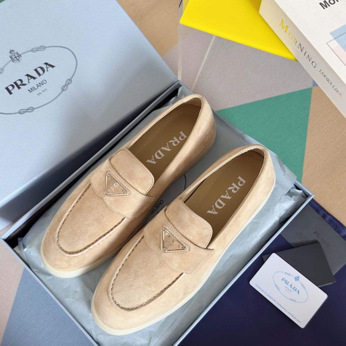 PRADA Pra Beige Suede Leather Loafers 25mm Rubber Sole