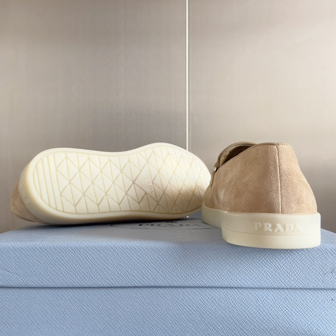 PRADA Pra Beige Suede Leather Loafers 25mm Rubber Sole