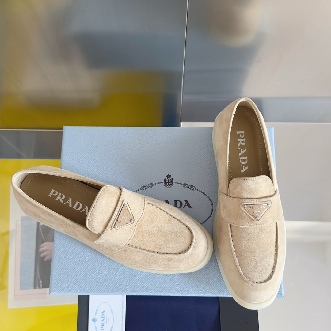 PRADA Pra Beige Suede Leather Loafers 25mm Rubber Sole