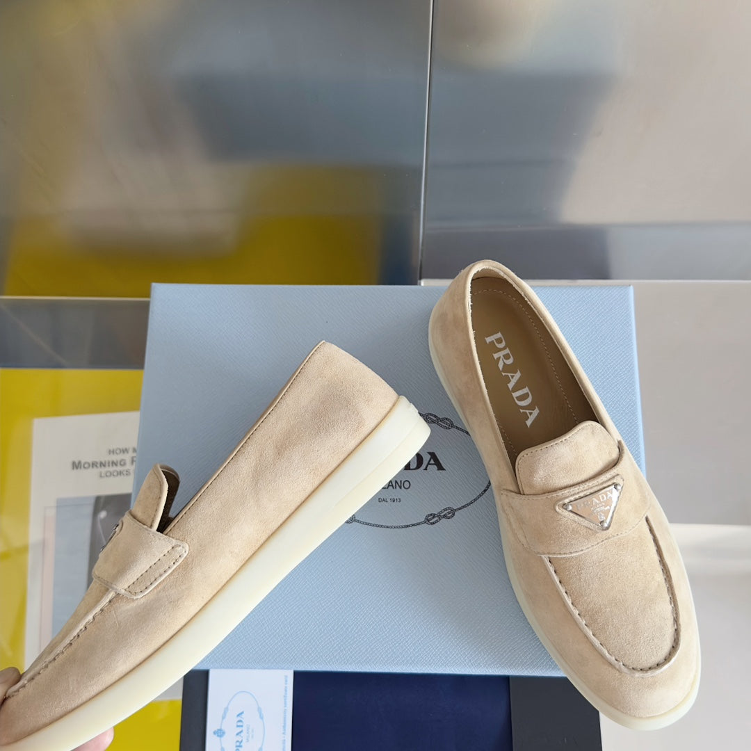PRADA Pra Beige Suede Leather Loafers 25mm Rubber Sole