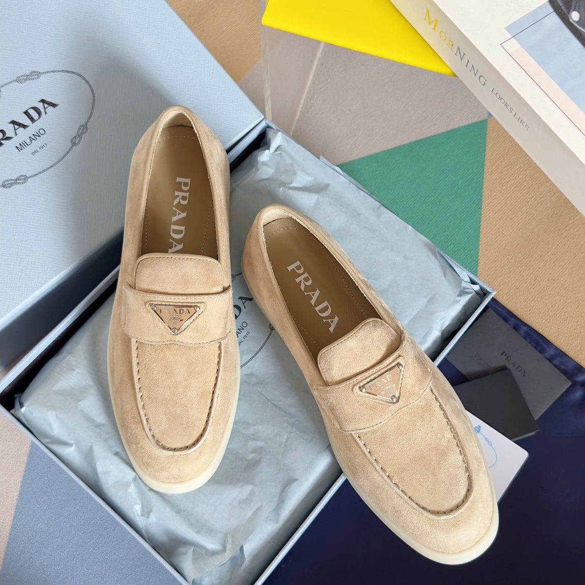 PRADA Pra Beige Suede Leather Loafers 25mm Rubber Sole