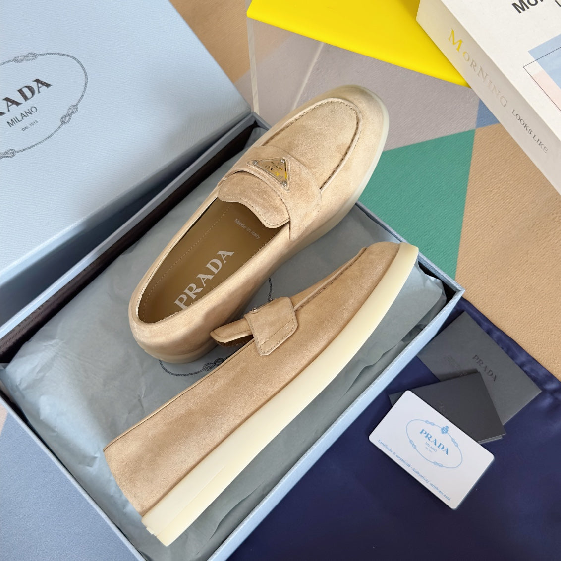 PRADA Pra Beige Suede Leather Loafers 25mm Rubber Sole