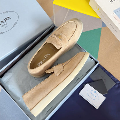 PRADA Pra Beige Suede Leather Loafers 25mm Rubber Sole