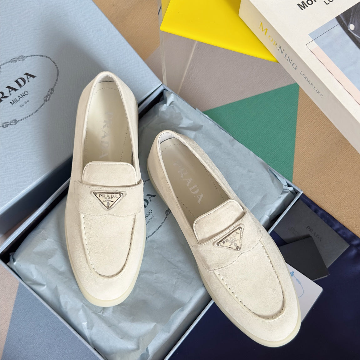 PRADA Pra White Suede Leather Loafers 25mm Rubber Sole