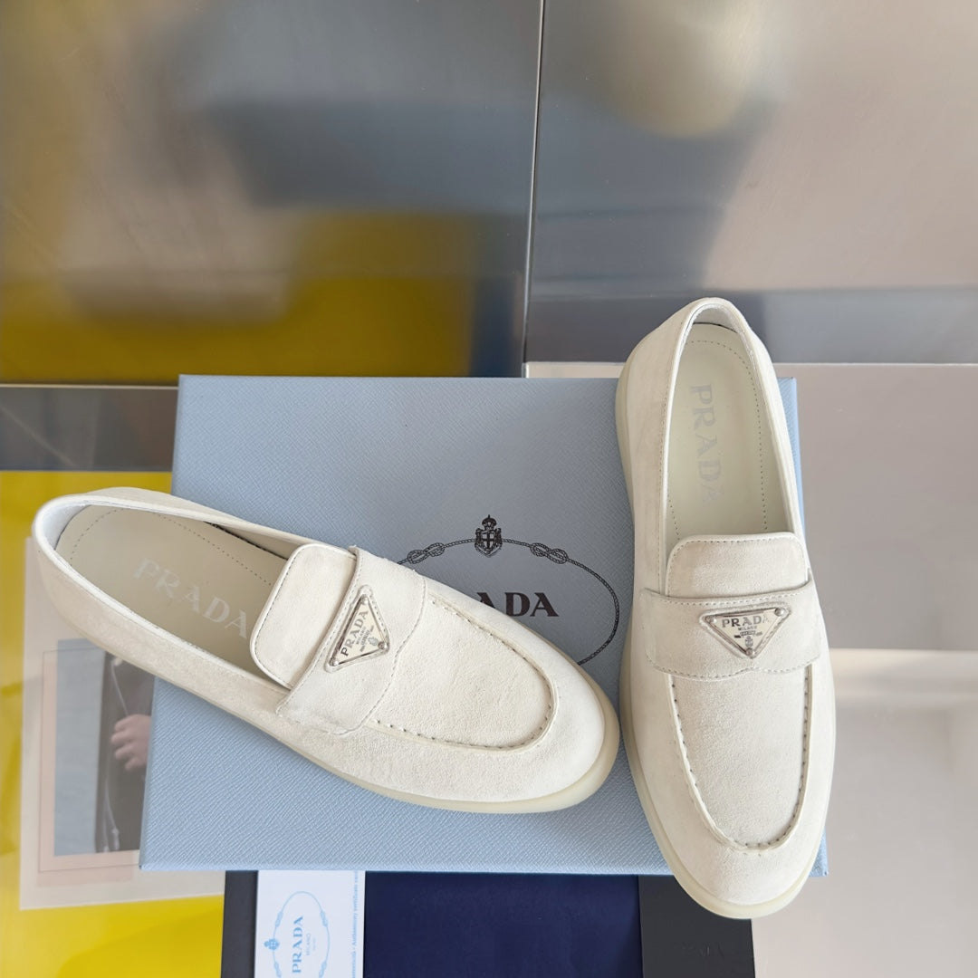 PRADA Pra White Suede Leather Loafers 25mm Rubber Sole