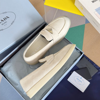 PRADA Pra White Suede Leather Loafers 25mm Rubber Sole