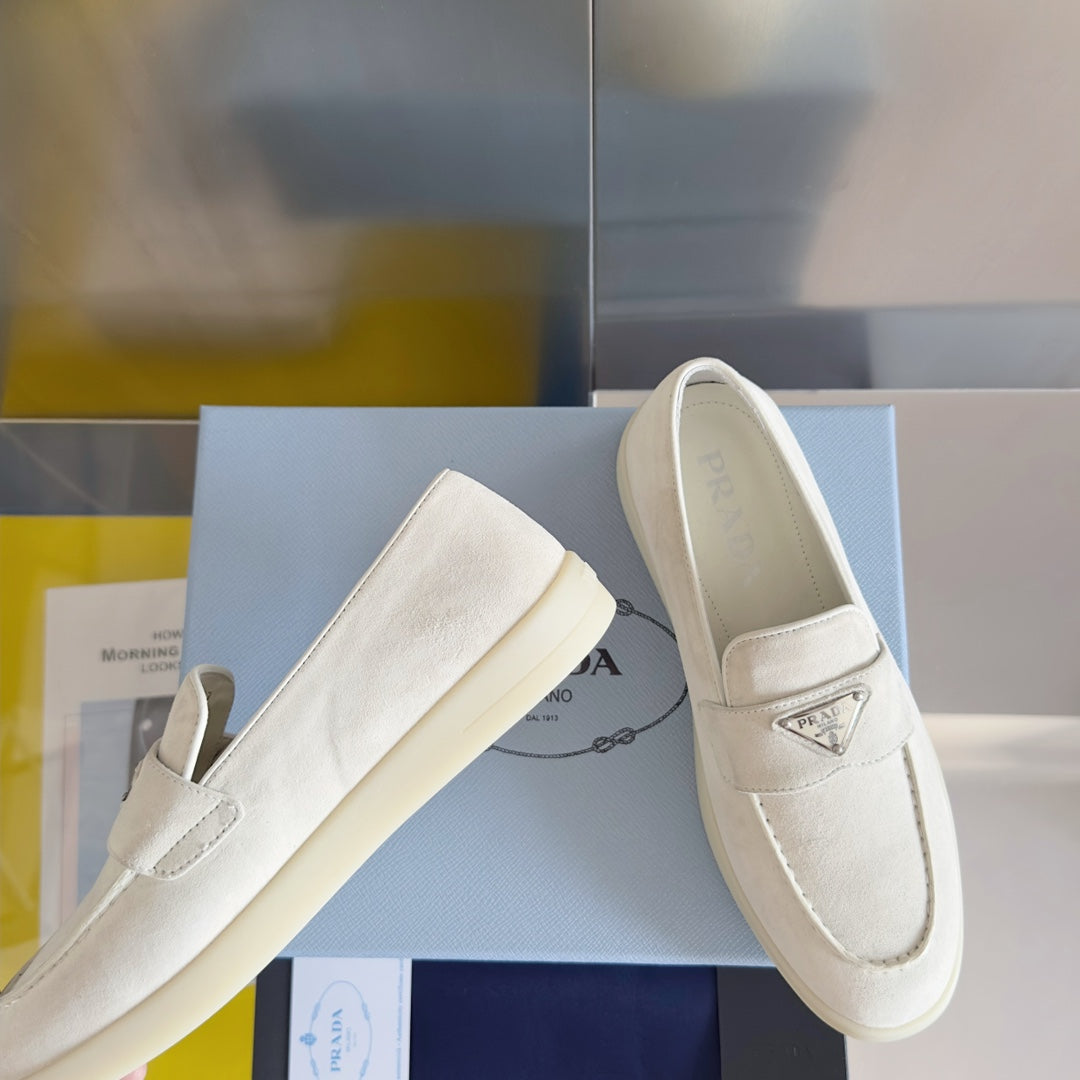 PRADA Pra White Suede Leather Loafers 25mm Rubber Sole