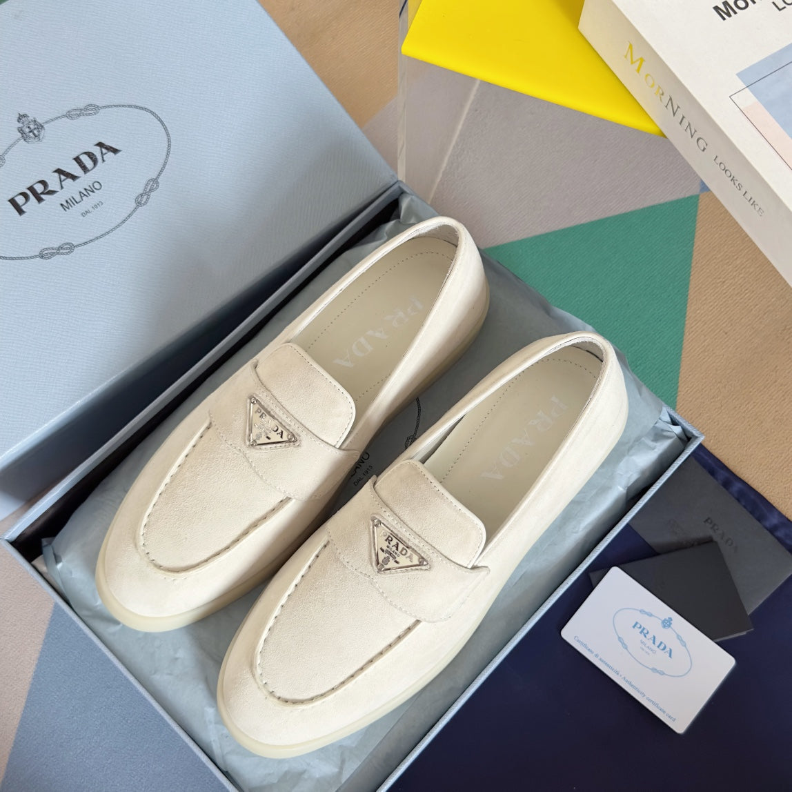 PRADA Pra White Suede Leather Loafers 25mm Rubber Sole